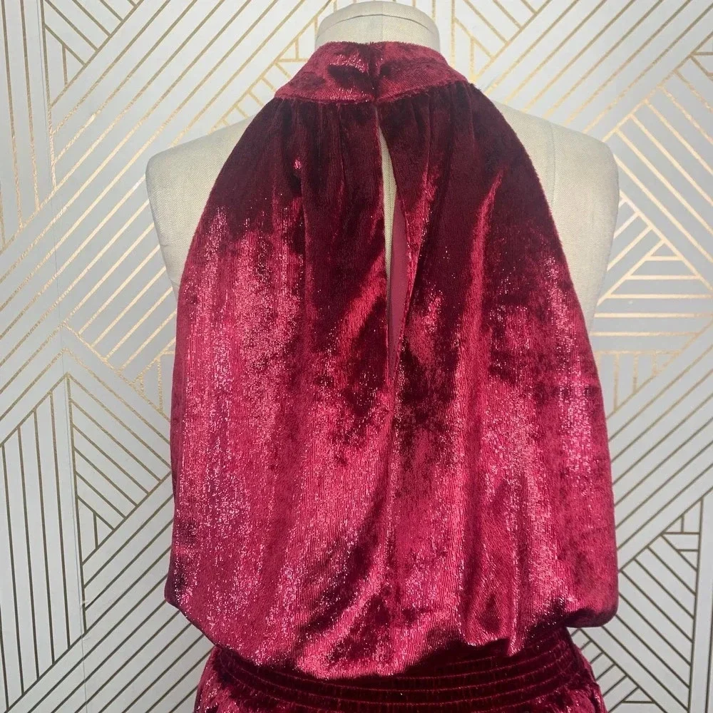 Ramy Brook Ellin Halter Dress in Deep Red Velvet Size US Large‎